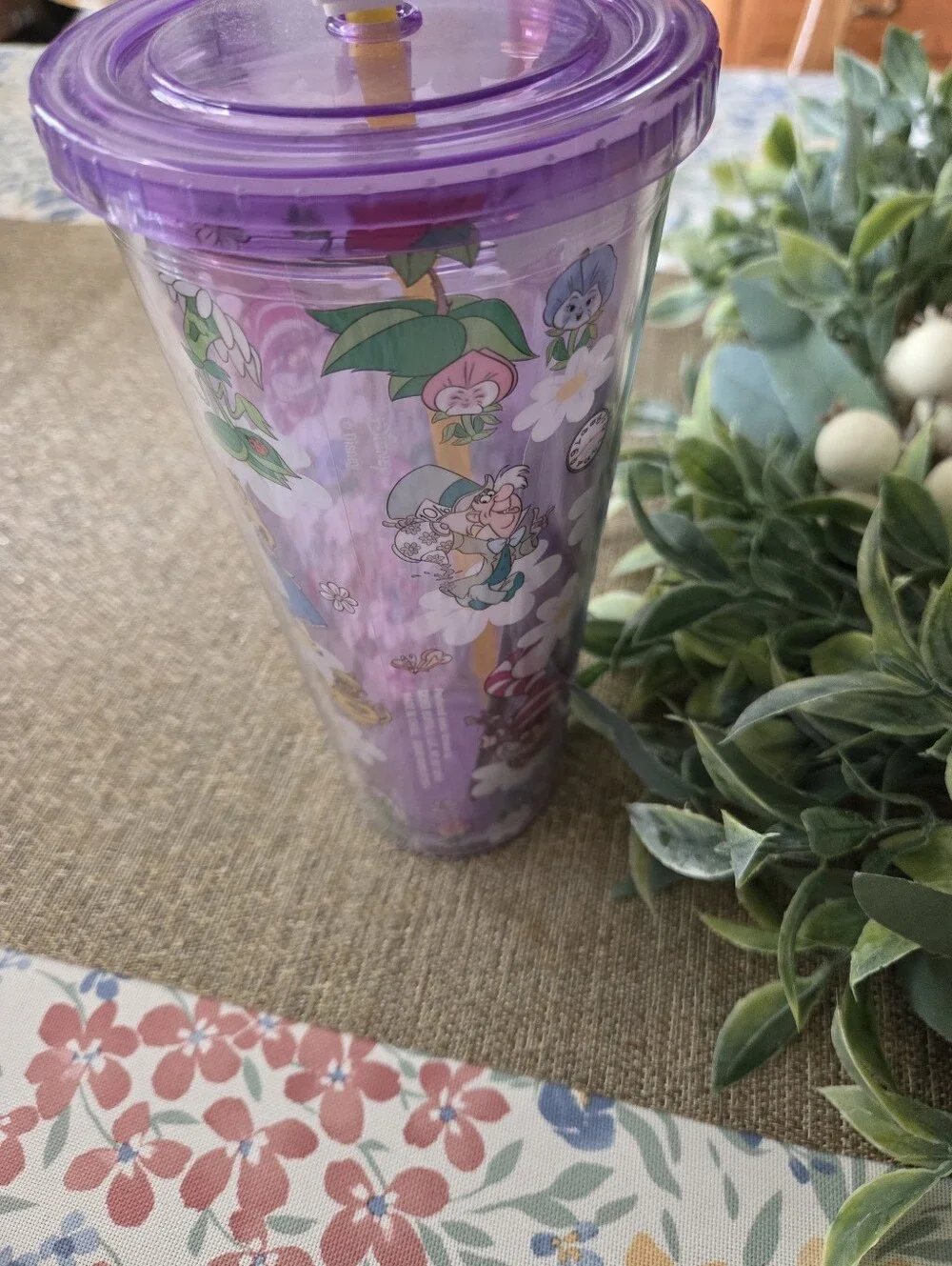 Purple Alice in Wonderland Floral Tumbler with Yellow Straw